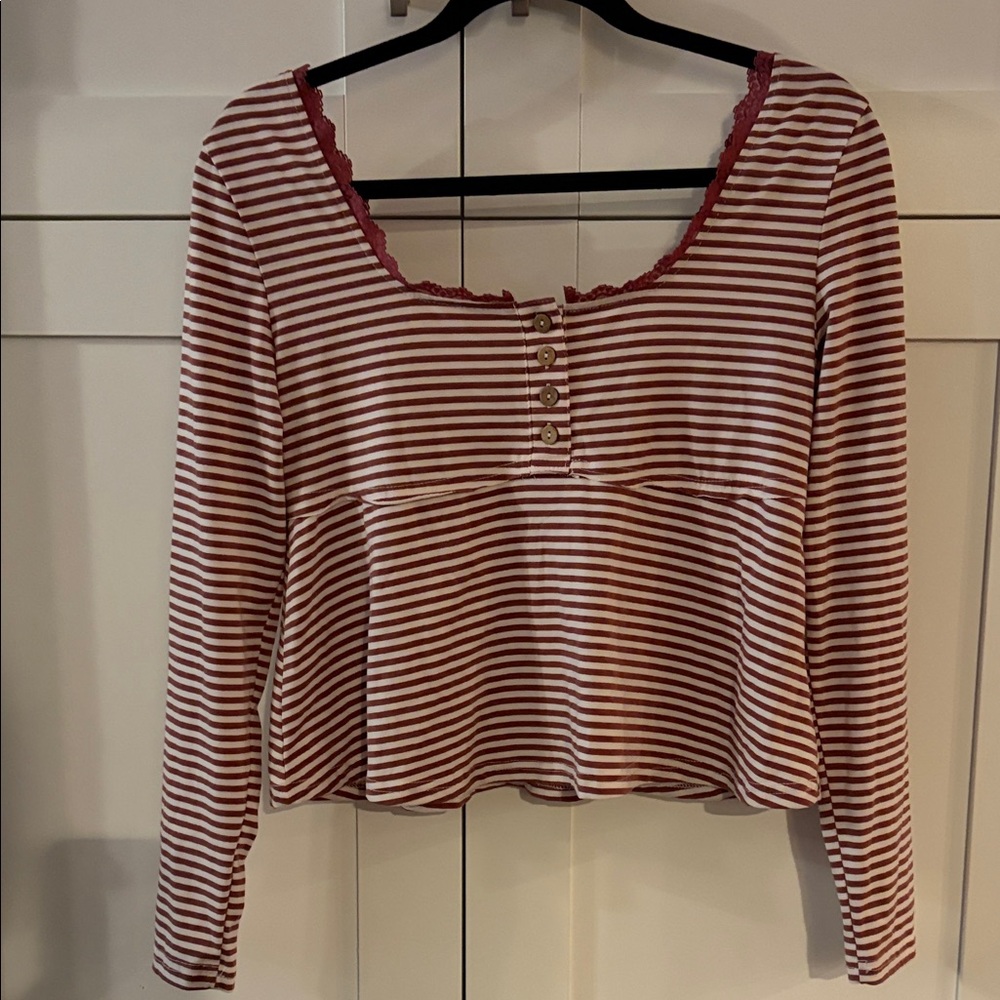 SHEIN Red and White Striped Long Sleeve Top